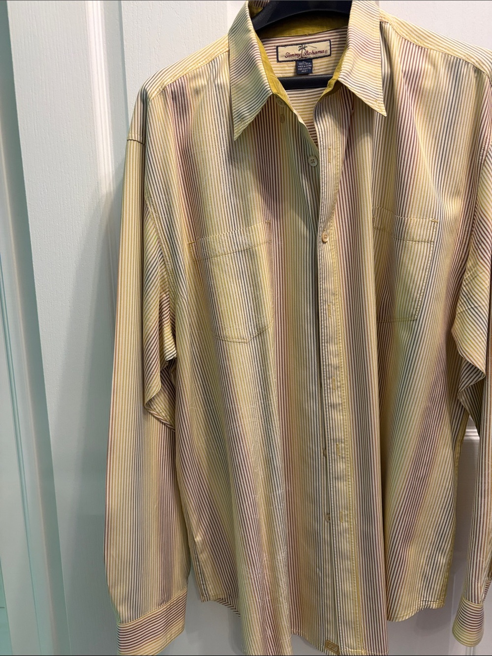 Tommy Bahama Men's Yellow Stripe Button-Down Shirt. Silk